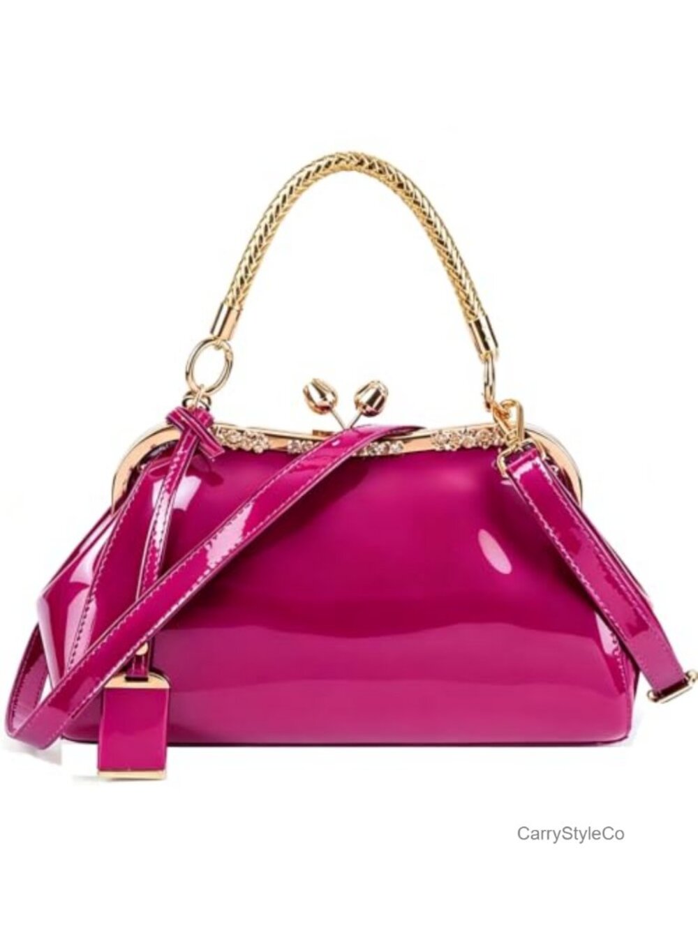 Glossy Faux Patent Leather Satchel Kiss Lock Evening Bag with Strap